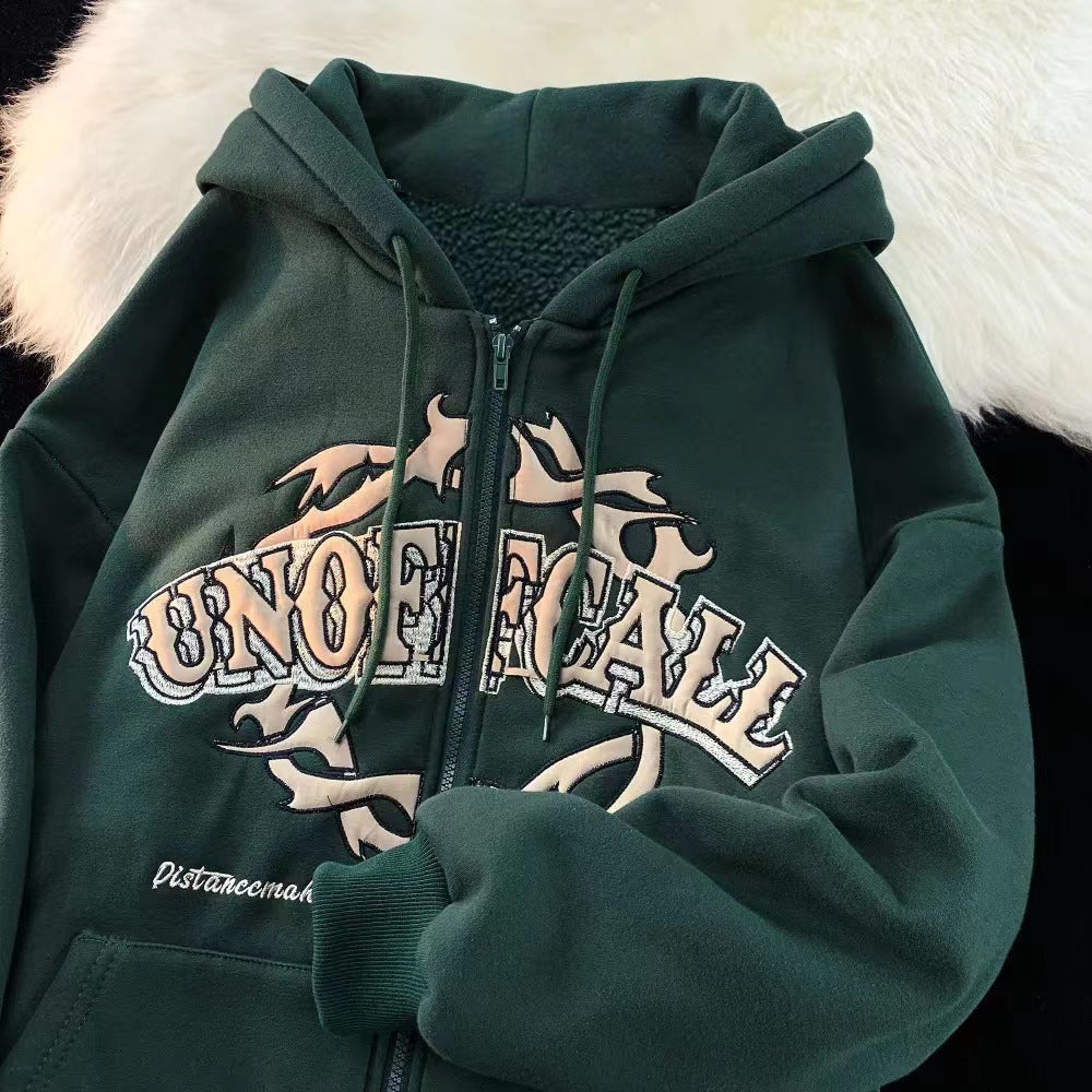 Halloy™ Letter Printing Zipper Fleece Hoodie