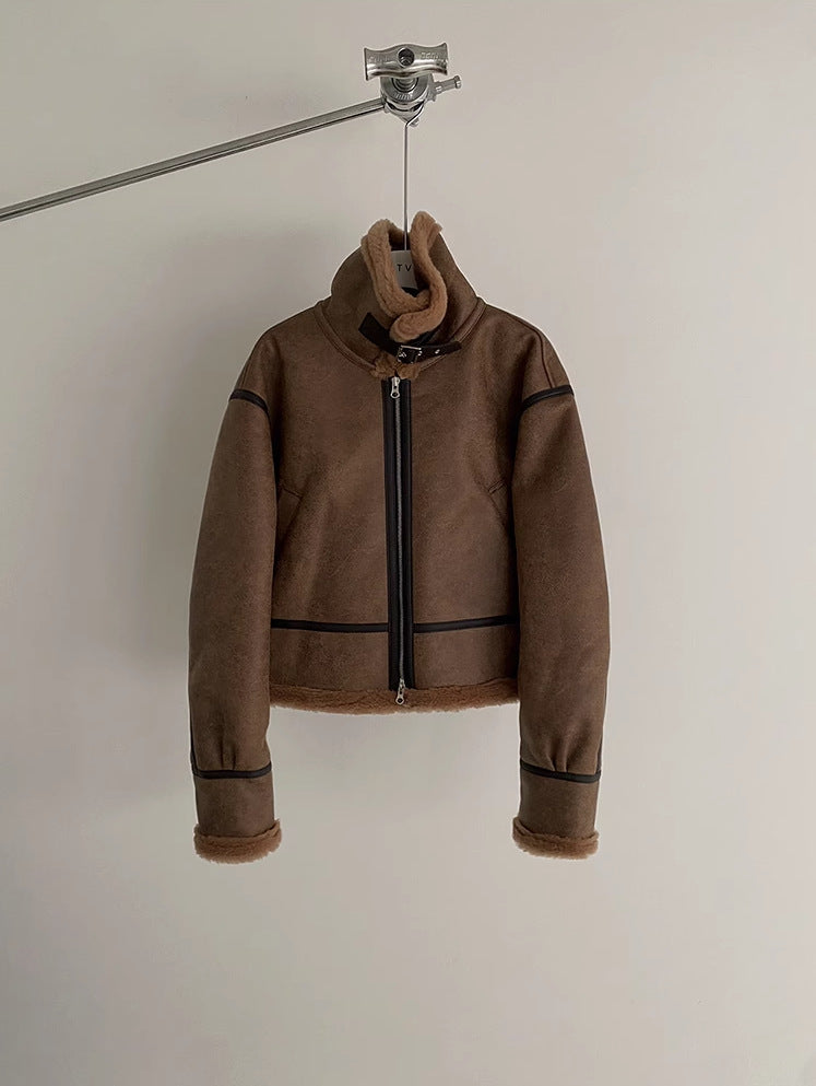 Halloy™ Fur Integrated Cotton Lambswool Leather Jacket