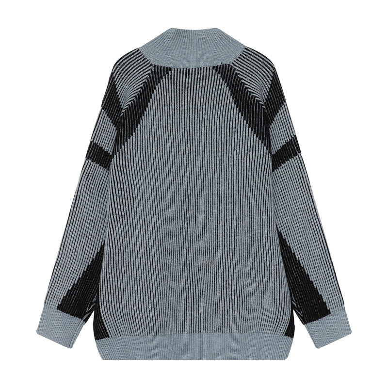 Halloy™ Casual Retro Striped Zipped Stand Collar Sweater