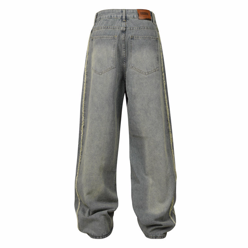 Halloy™ Frayed Stripe Make Old Ripped Brushed White Wide Leg Jeans