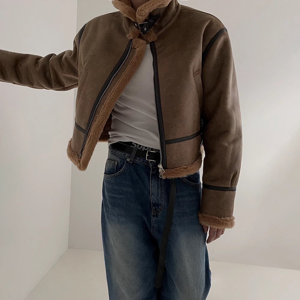 Halloy™ Fur Integrated Cotton Lambswool Leather Jacket
