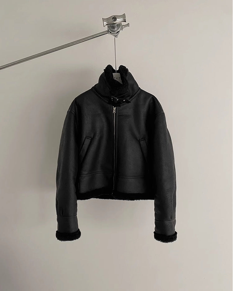 Halloy™ Fur Integrated Cotton Lambswool Leather Jacket
