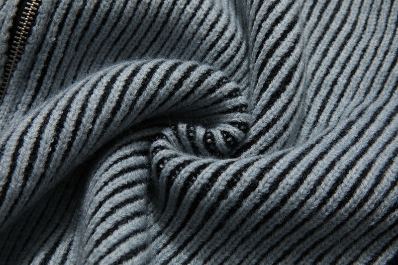 Halloy™ Casual Retro Striped Zipped Stand Collar Sweater