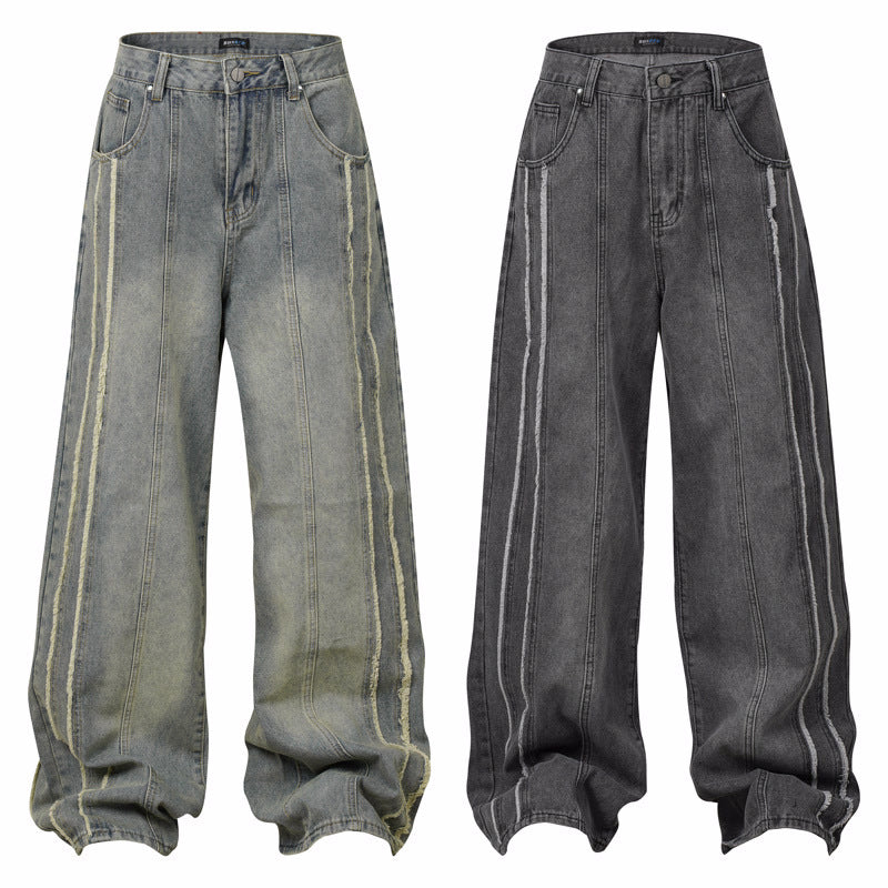 Halloy™ Frayed Stripe Make Old Ripped Brushed White Wide Leg Jeans