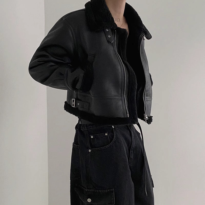 Halloy™ Fur Integrated Cotton Lambswool Leather Jacket