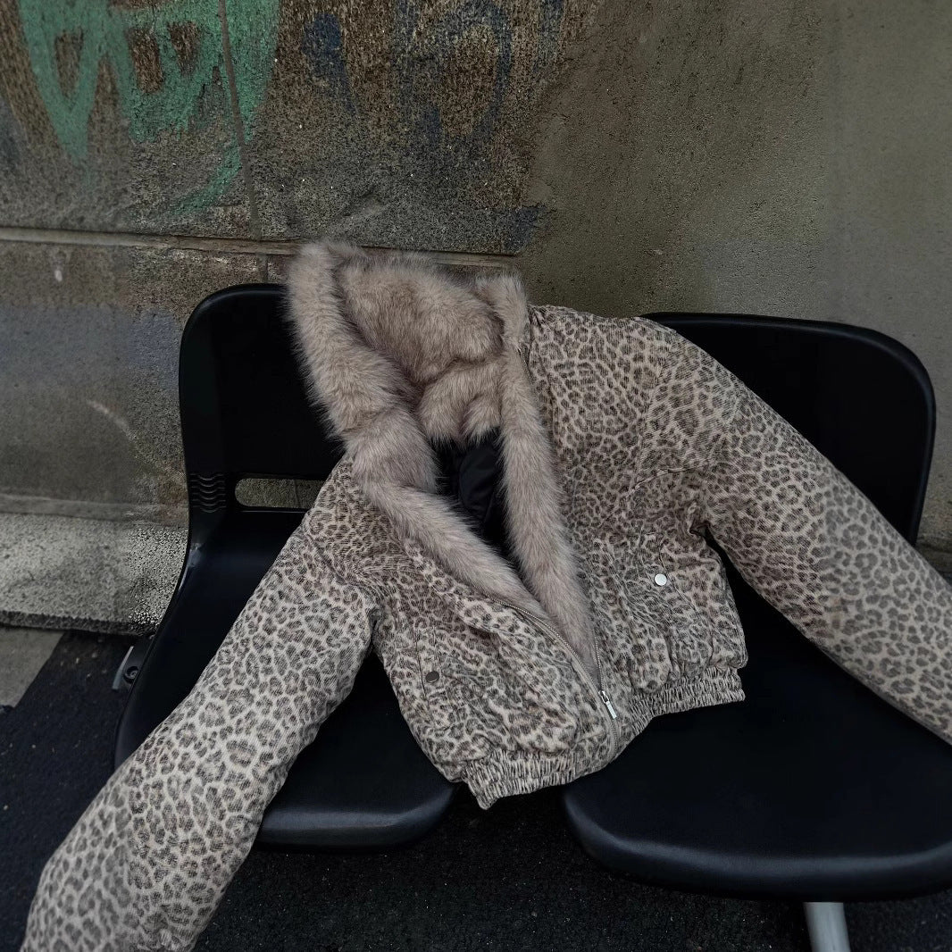 Halloy™ Mountain Carving Leopard Print Hooded Cotton Coat Jacket