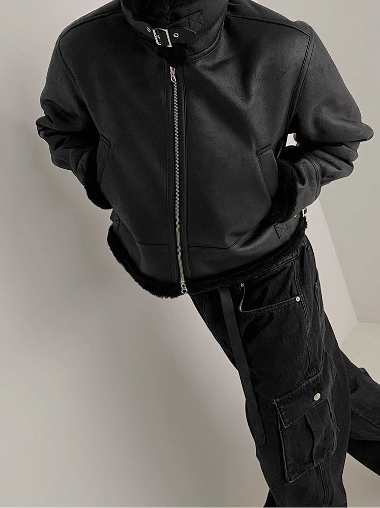 Halloy™ Fur Integrated Cotton Lambswool Leather Jacket