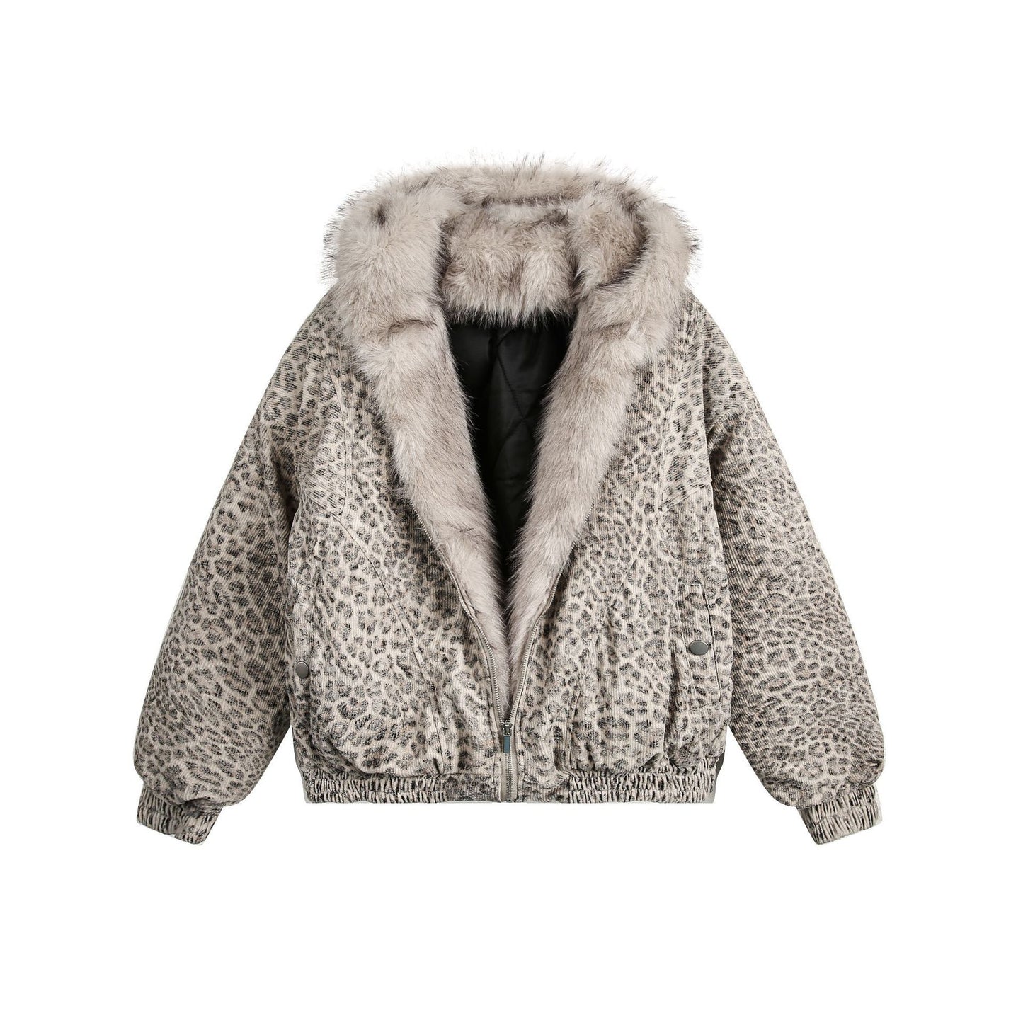 Halloy™ Mountain Carving Leopard Print Hooded Cotton Coat Jacket