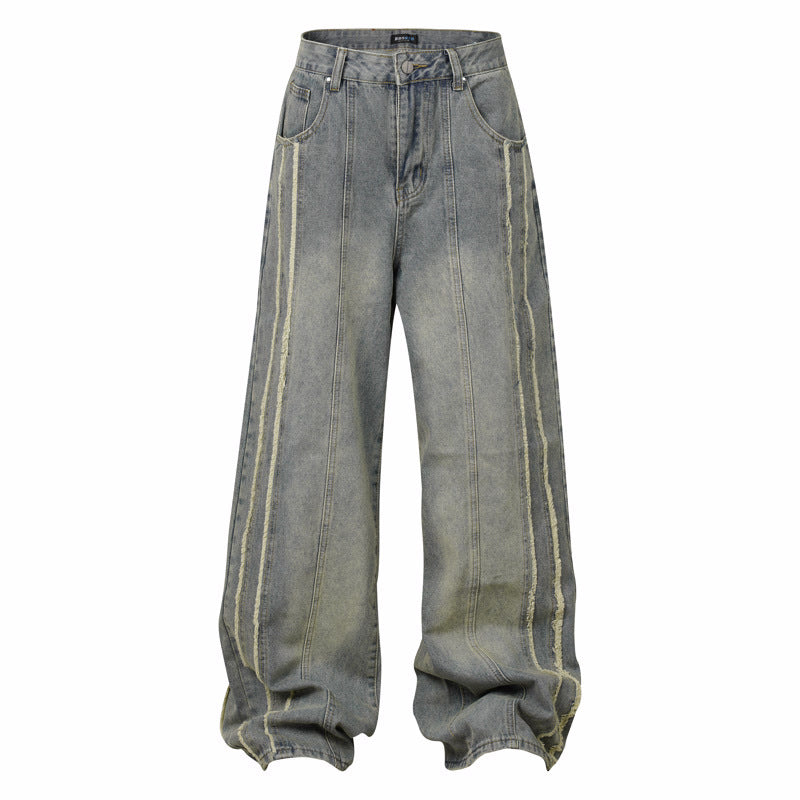 Halloy™ Frayed Stripe Make Old Ripped Brushed White Wide Leg Jeans