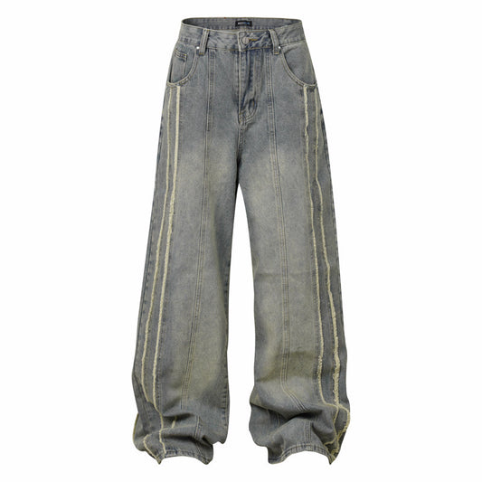 Halloy™ Frayed Stripe Make Old Ripped Brushed White Wide Leg Jeans