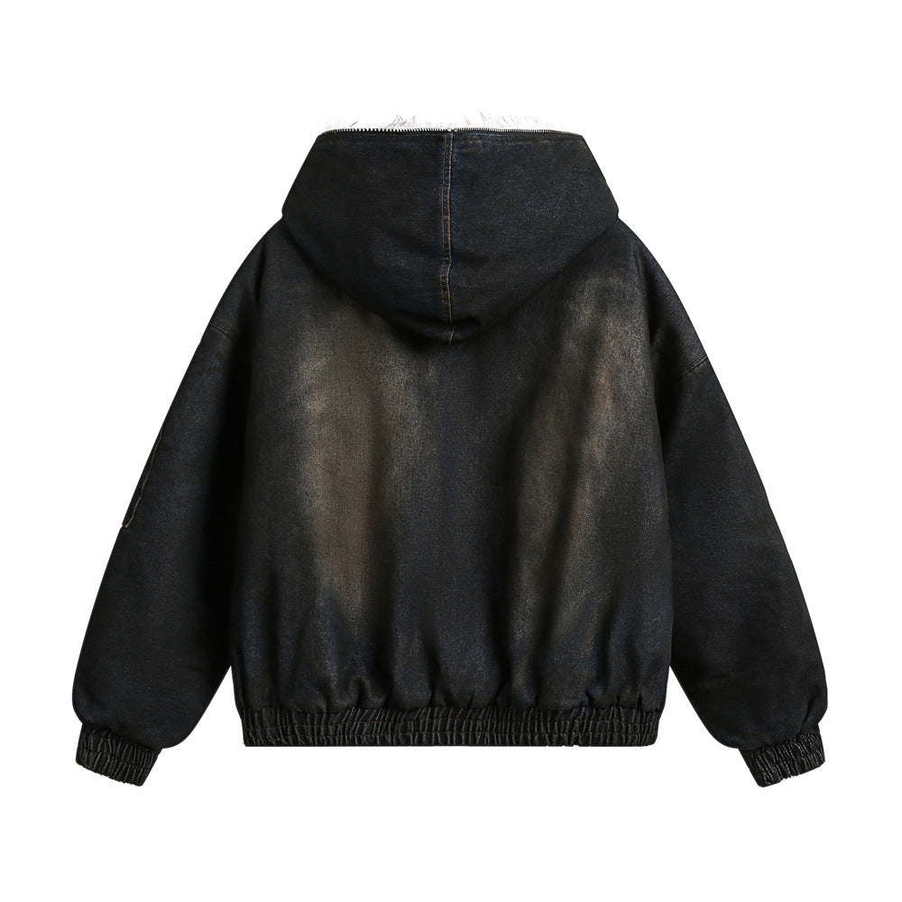 Halloy™ Distressed Dirty Denim Hooded Cotton Jacket