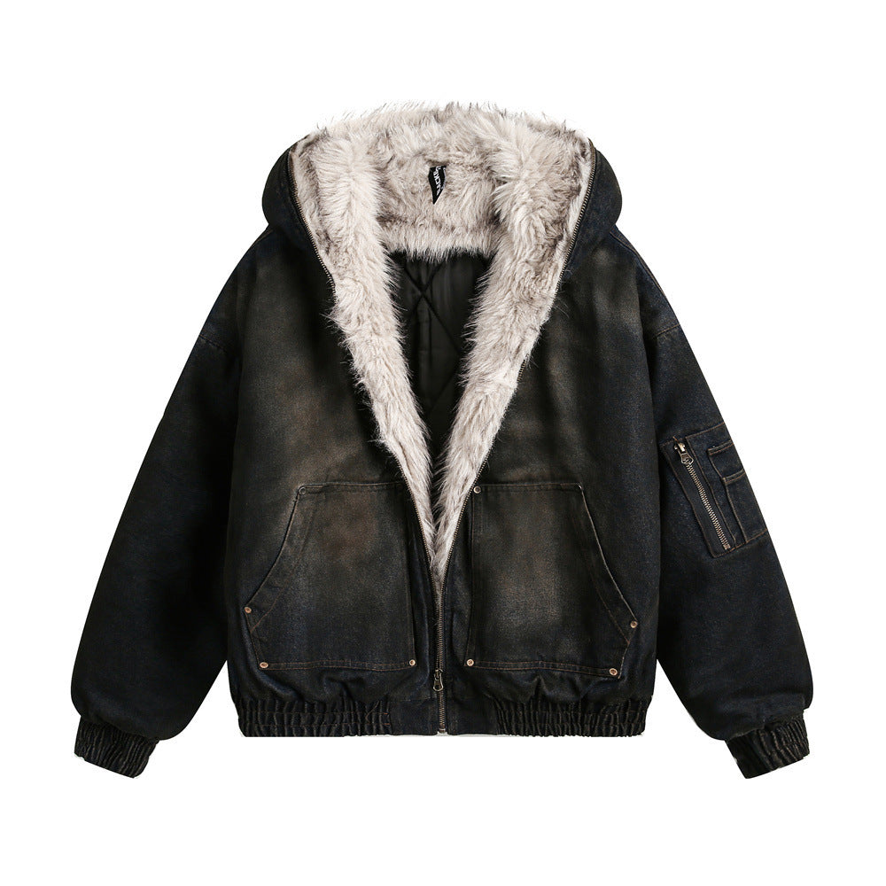 Halloy™ Distressed Dirty Denim Hooded Cotton Jacket