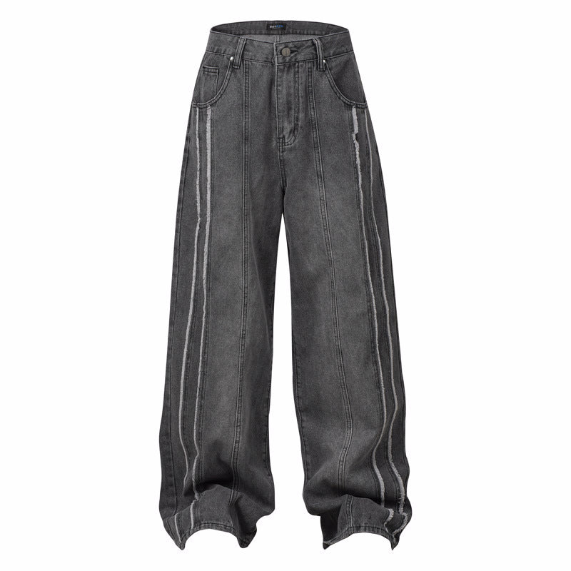 Halloy™ Frayed Stripe Make Old Ripped Brushed White Wide Leg Jeans