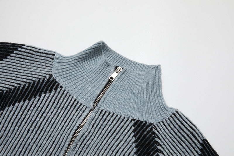 Halloy™ Casual Retro Striped Zipped Stand Collar Sweater