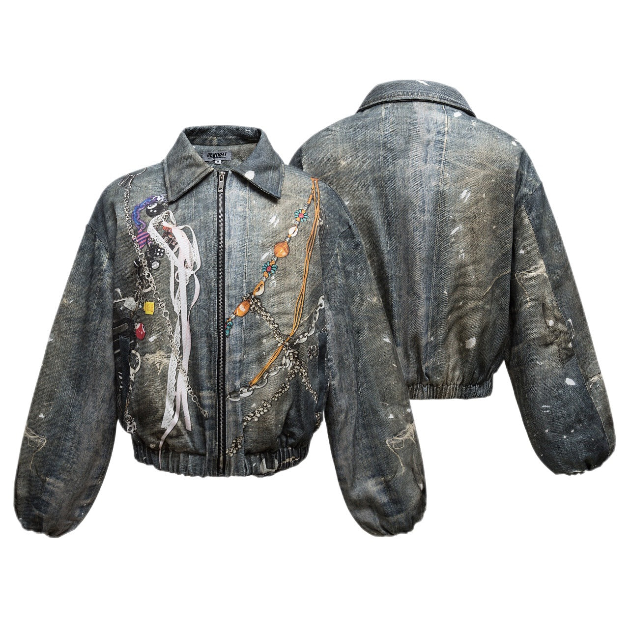 Halloy™ Chain Printed Zip Up Quilted Bomber Jacket