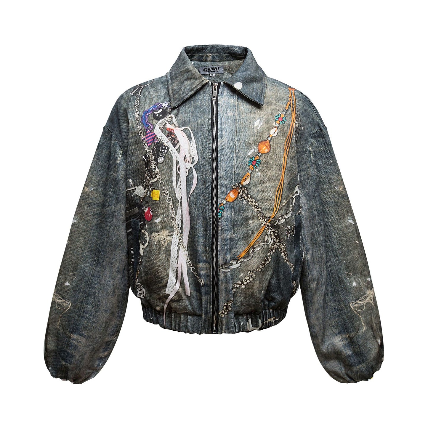 Halloy™ Chain Printed Zip Up Quilted Bomber Jacket