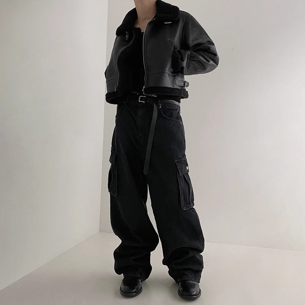 Halloy™ Fur Integrated Cotton Lambswool Leather Jacket