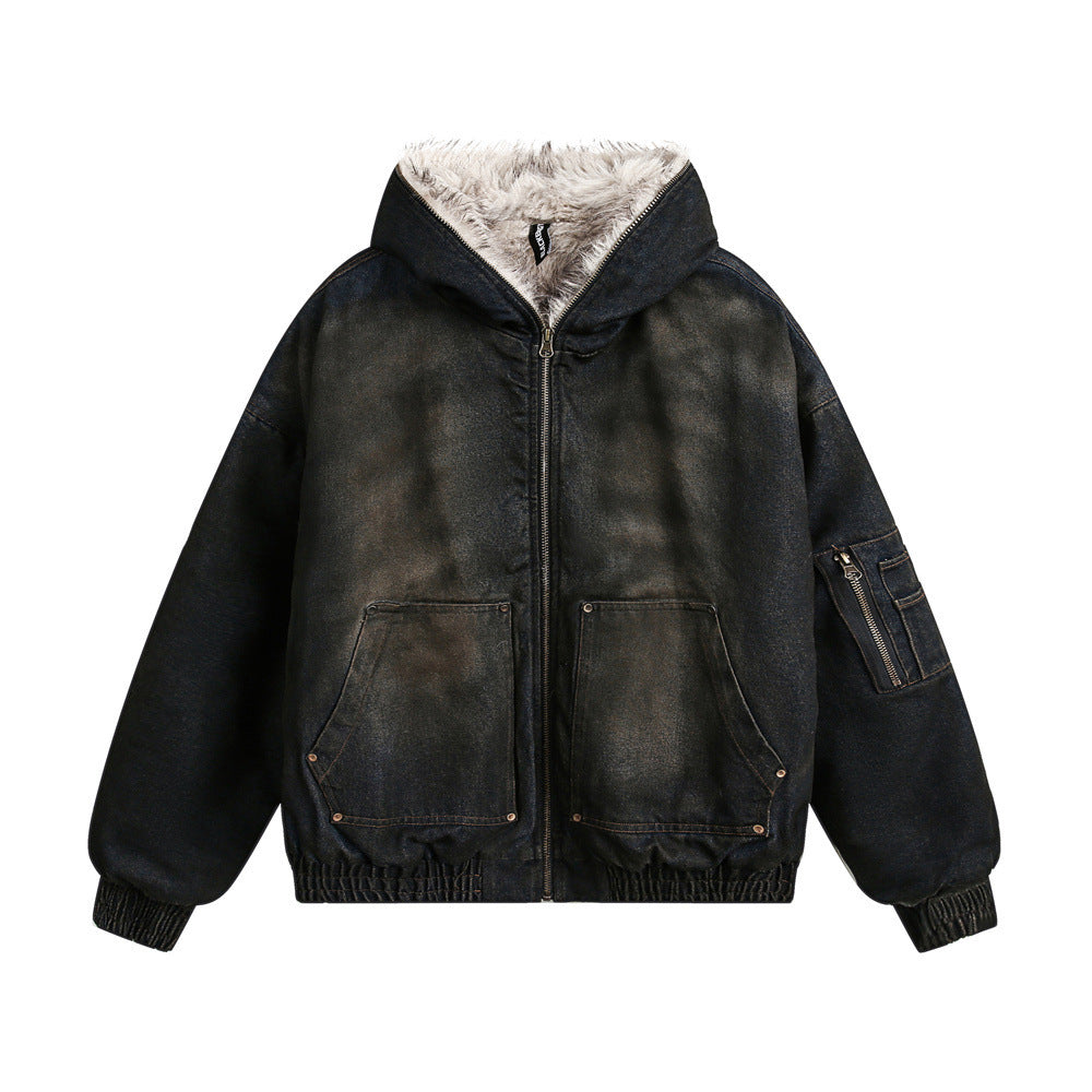 Halloy™ Distressed Dirty Denim Hooded Cotton Jacket