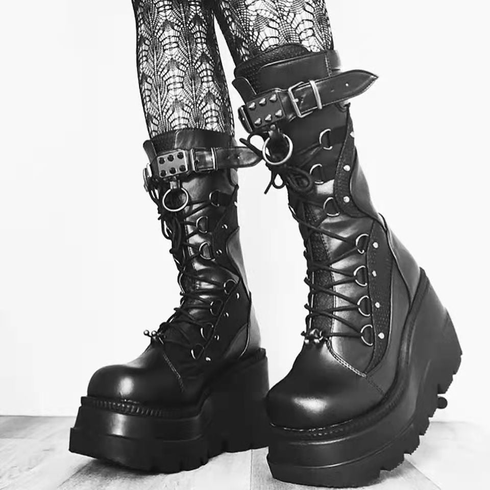 Halloy™ Black Chunky Motorcycle Combat Boots for Women
