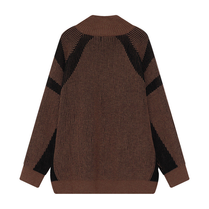 Halloy™ Casual Retro Striped Zipped Stand Collar Sweater