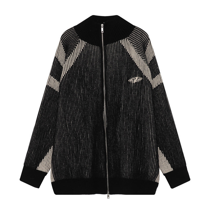 Halloy™ Casual Retro Striped Zipped Stand Collar Sweater