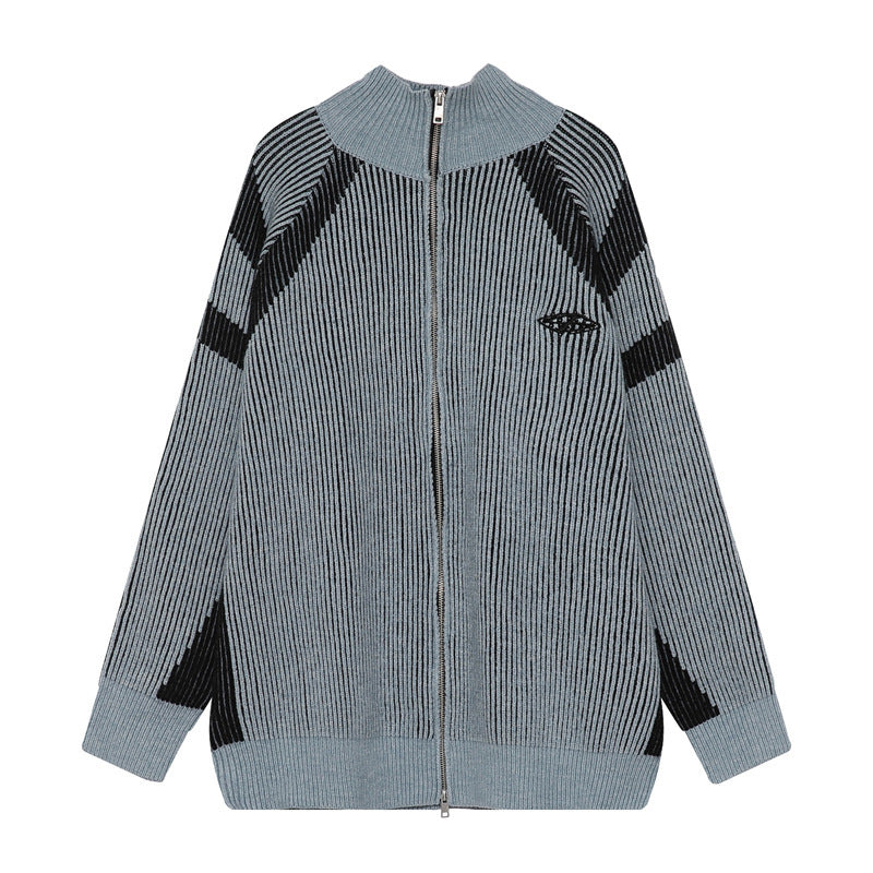 Halloy™ Casual Retro Striped Zipped Stand Collar Sweater