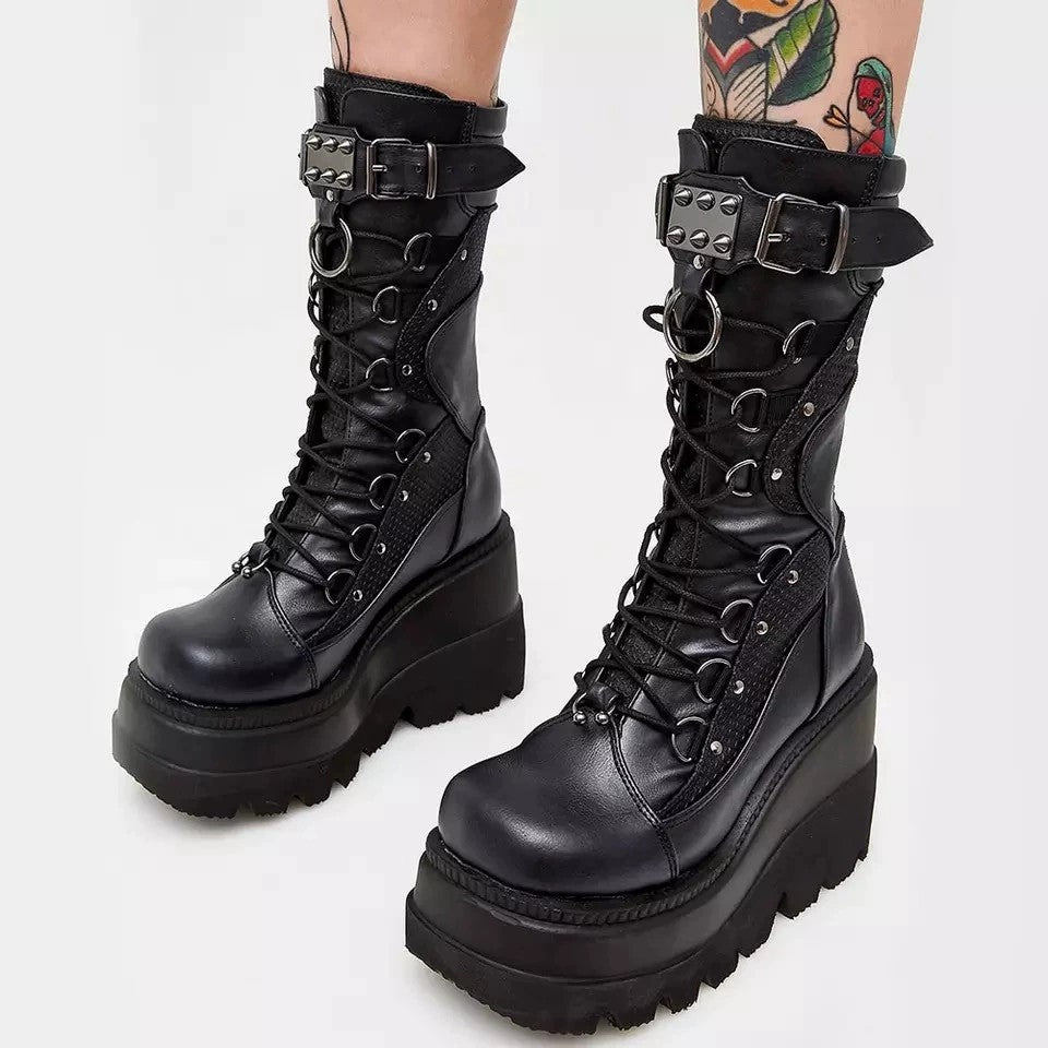 Halloy™ Black Chunky Motorcycle Combat Boots for Women