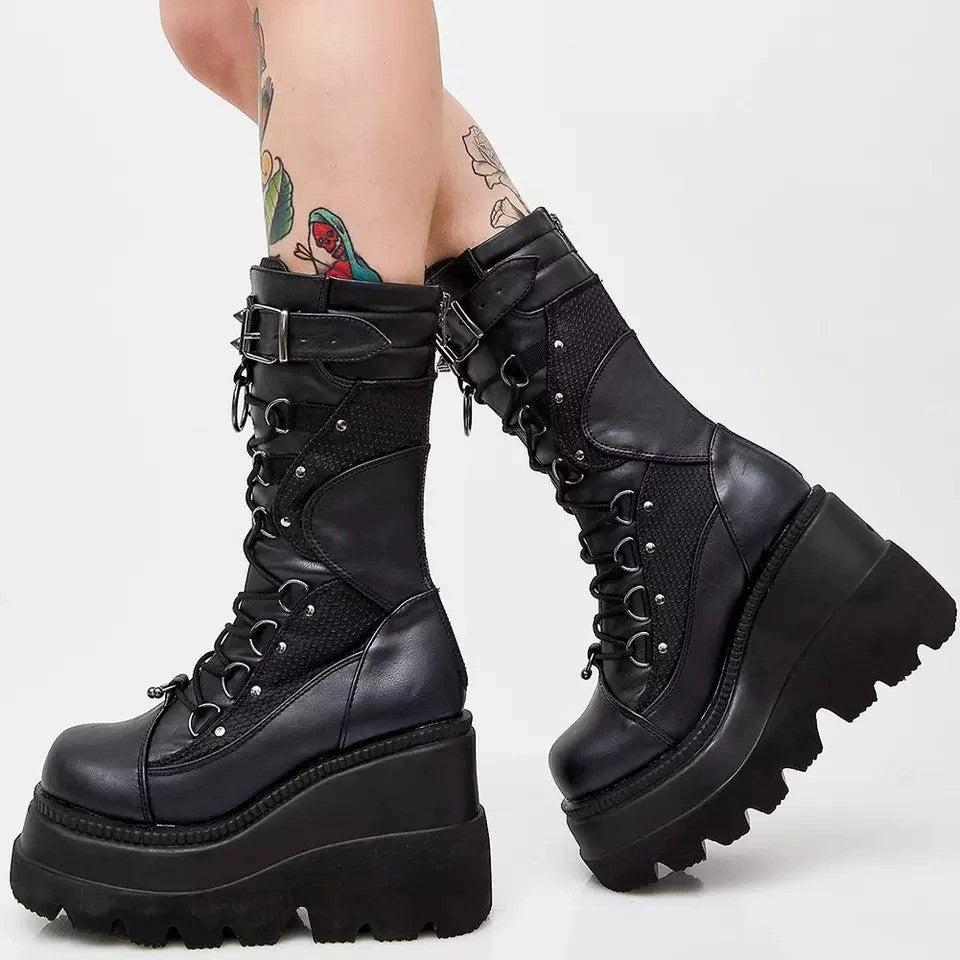 Halloy™ Black Chunky Motorcycle Combat Boots for Women