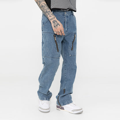 Halloy™ American High Street Zipper Design Split Jeans