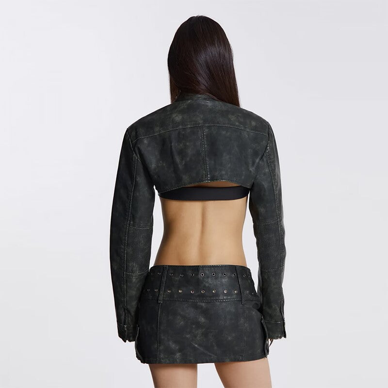 Halloy™ Vintage Worn Cross Belt Leather Mini Skirt