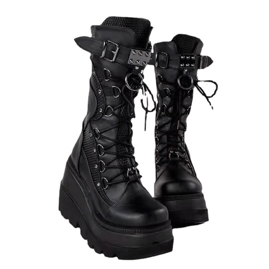 Halloy™ Black Chunky Motorcycle Combat Boots for Women