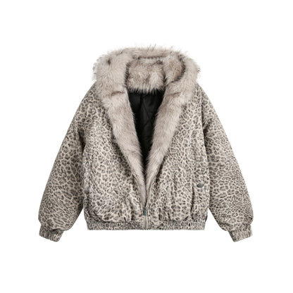 Halloy™ Mountain Carving Leopard Print Hooded Cotton Coat Jacket