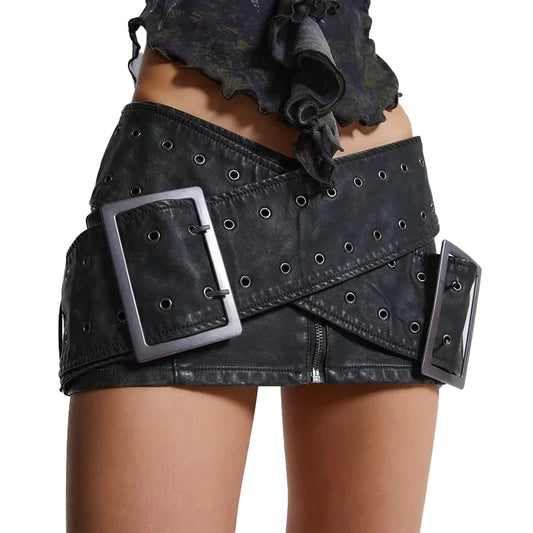 Halloy™ Vintage Worn Cross Belt Leather Mini Skirt