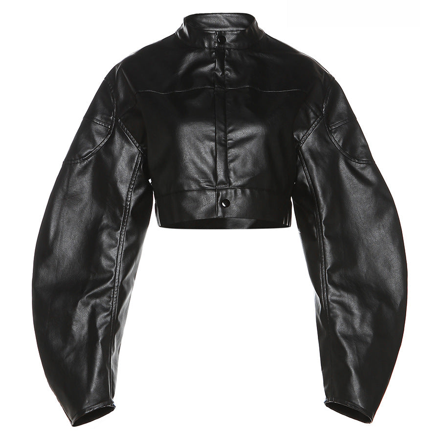 Halloy™ Single-breasted Leather Jacket Midriff-baring